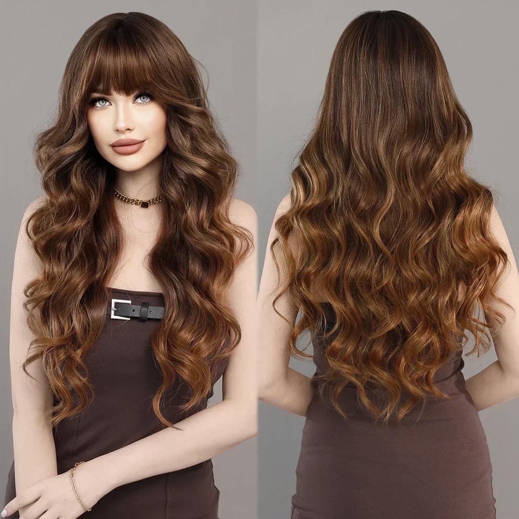 Professional  Loose Long Body Wavy Orange Wig for Women Daily Use Fashion Synthetic LightOrange Curly Hair Wigs with Bangs High Density 28Inch