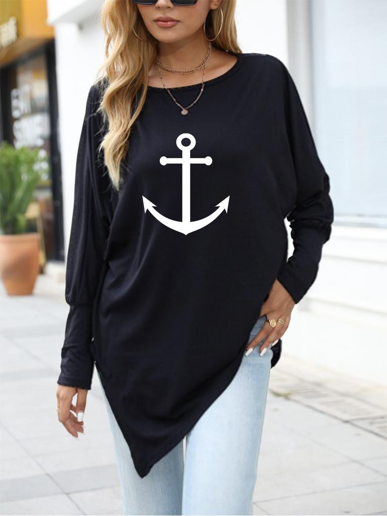 Women's Oversize Long-Sleeve Fashion Printed Logn Sleeve Top Spring/Fall Asymmetrical Hem T-Shirt