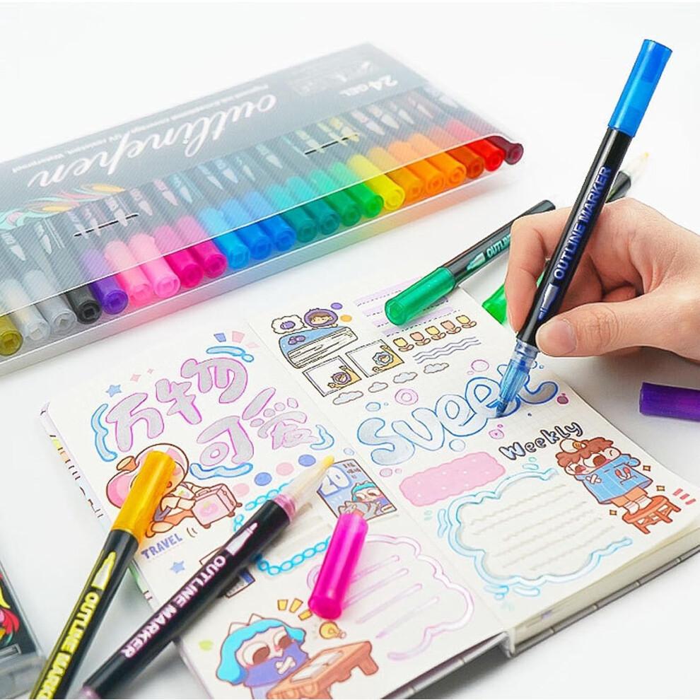 Dreamy Sparkle Dual-Line Contour Pen, Double Line Super Squiggles Metallic Glitter Pens, Quick-Dry Ink Dual Line Contour Markers for Drawing
