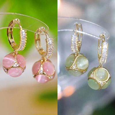 Vintage Cat's Eye Teardrop Earrings: Green & Pink High-End Summer Design for Women