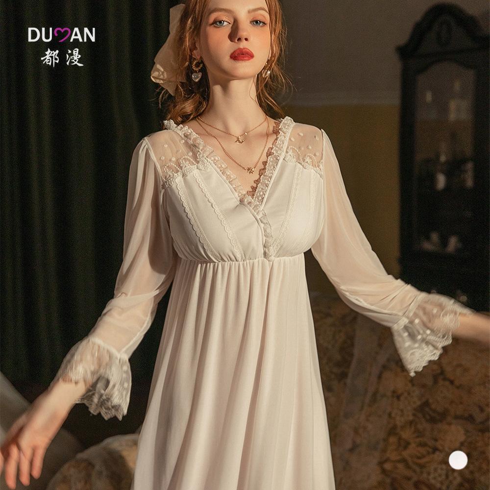 Court style long-sleeved pajamas women's skirts sweet princess mesh modal can wear loungewear plus size sexy pajamas