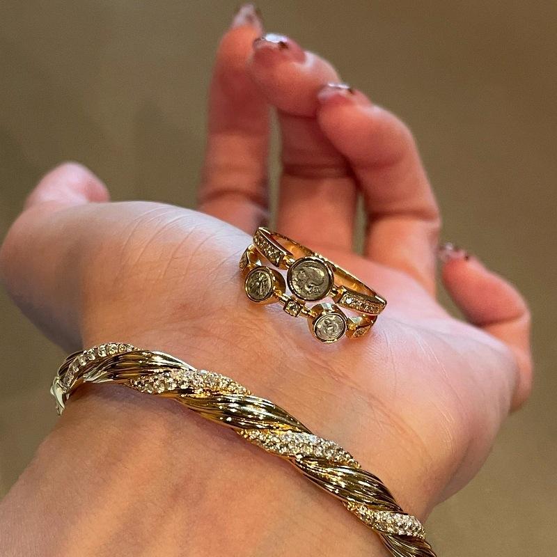 Vintage Antique Double-Layer Athena Three Ancient Coin Ring, High-End Niche Personality Design, Retro Index Finger Ring