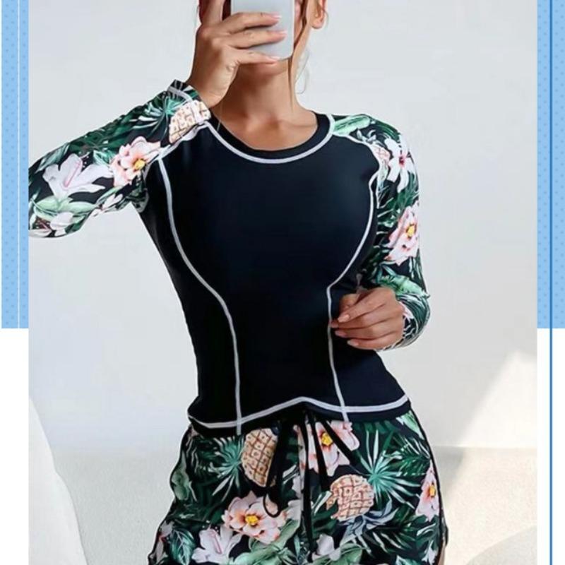 New European and American diving and surfing suits long sleeves fashion sunscreen printed split swimsuit women's clothing
