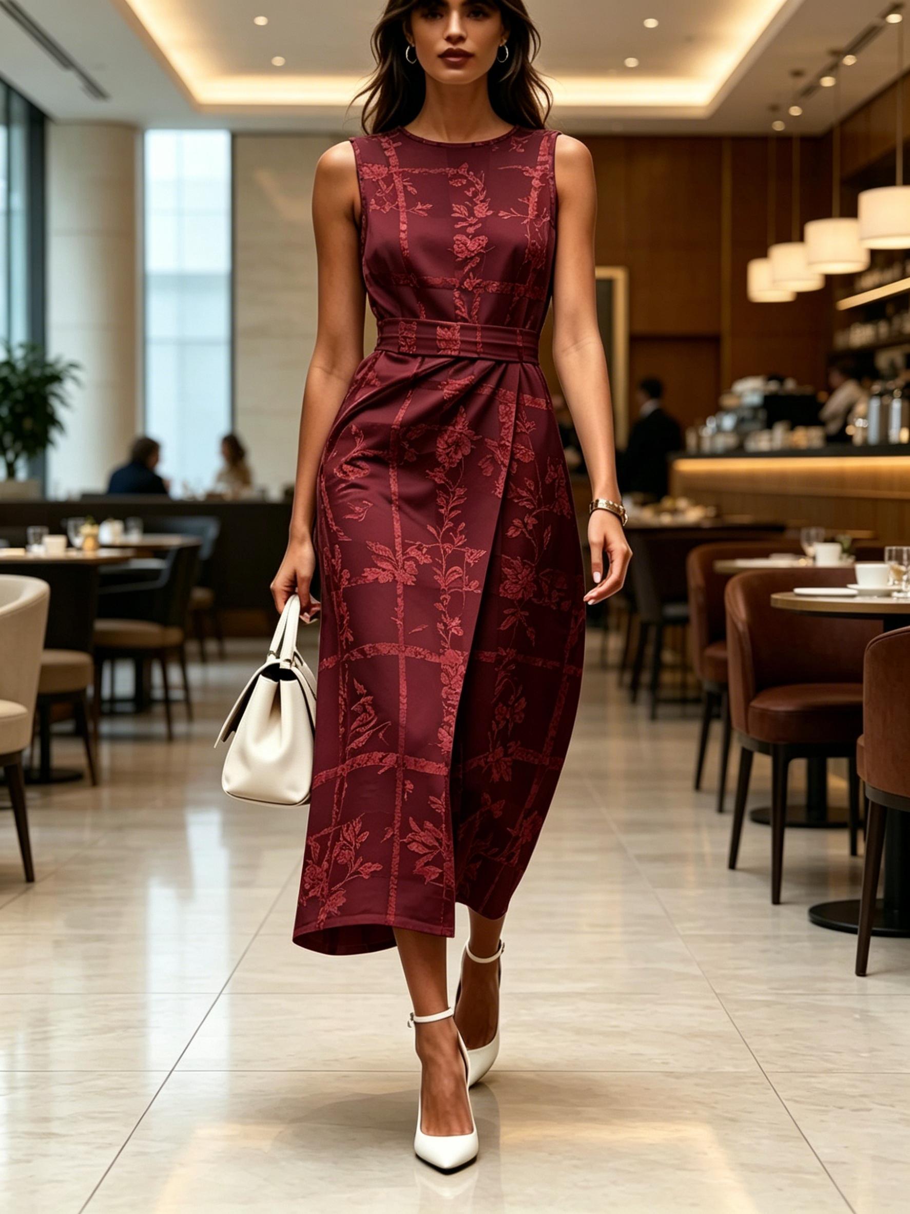 Round neck sleeveless midi dress with red floral grid print burgundy color modern elegant casual fashionable womens clothing for spring summer XXS