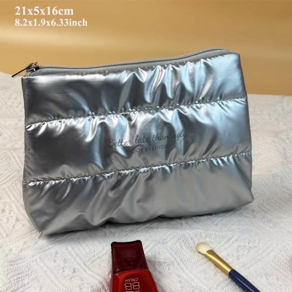 New Shiny Fluffy Makeup Bag Large Capacity Zipper Pouch Toiletries Skincare Storage Bag Quilted Puffer Cosmetic Bag Women