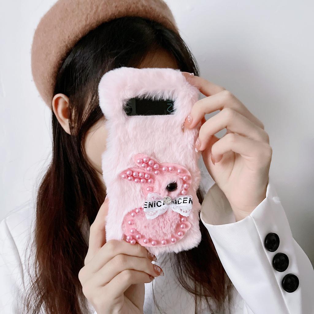 Applicable To Samsung Z Flip4 Plush Mobile Phone Case Zflip3 Bow Pearl Solid Color Protective Case Autumn and Winter Hair Case