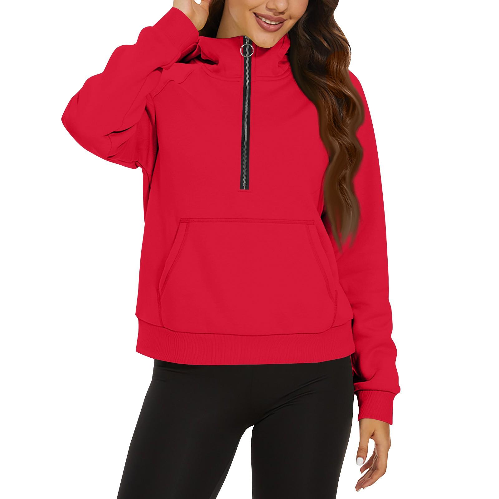 

Женская повседневная модная однотонная свободная толстовка с длинным рукавом и карманом на молнии с капюшоном XL красный