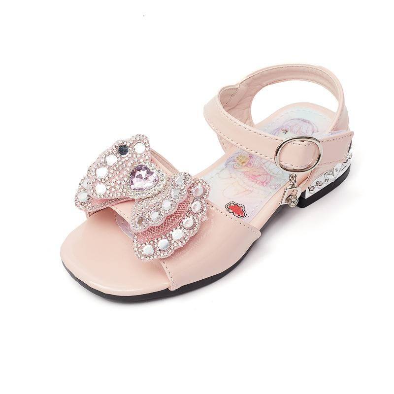 Kids Shoes Princess Versatile Casual Shoes Open-toe Low Heels Rhinestones 2024 New Soft Hook & Loop Children Non-slip Korean PU