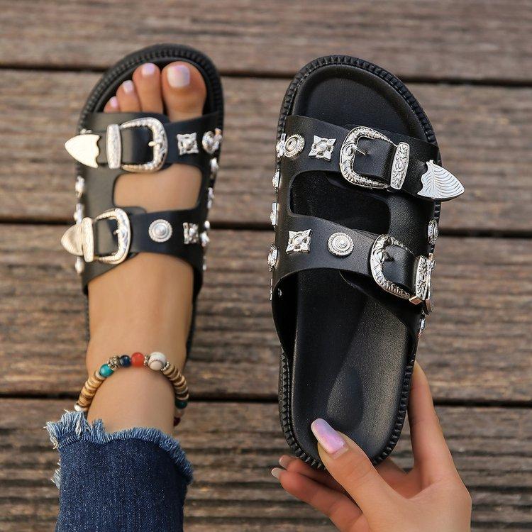 

Foreign trade large size 2025 summer explosion fashion rivets thick bottom belt buckle casual wear word beach cool slippers 35 чорний