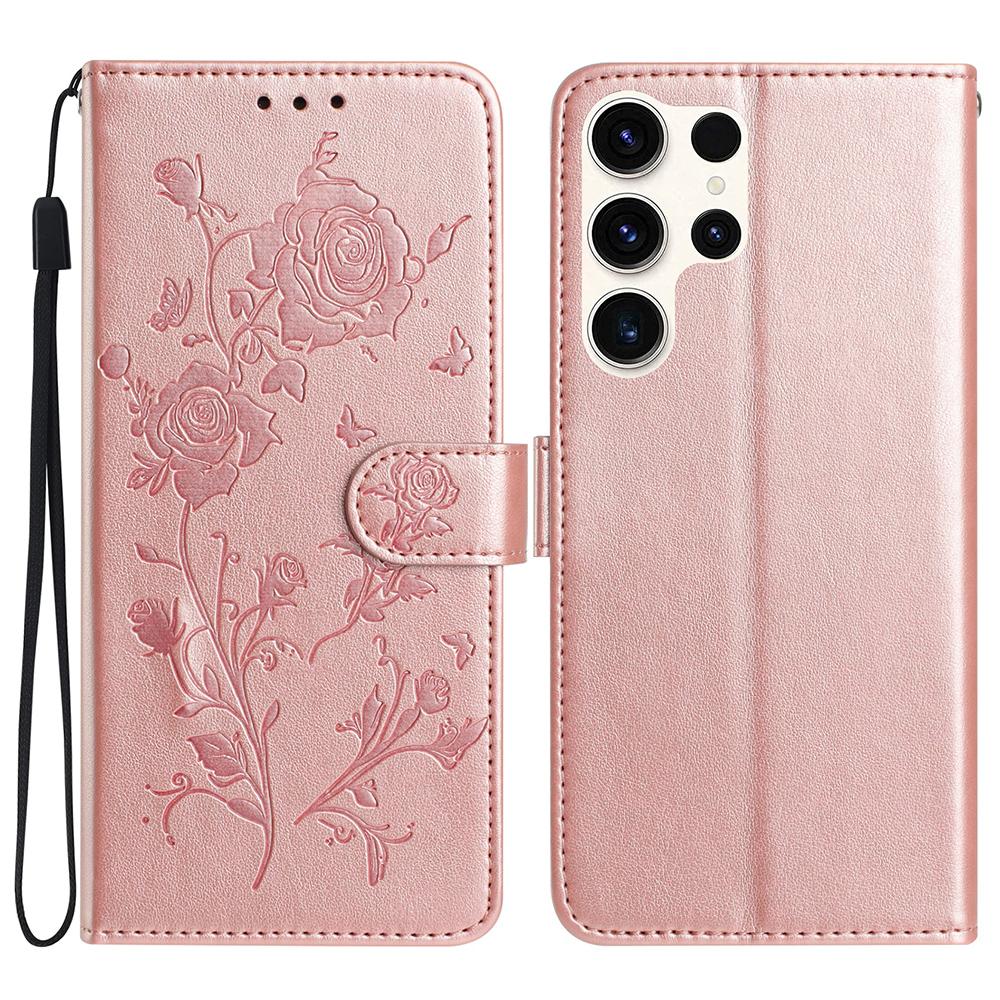 

For Samsung Galaxy S24 Ultra Wallet Case Rose Pattern Imprinted Leather Flip Stand Phone Cover Rose Gold