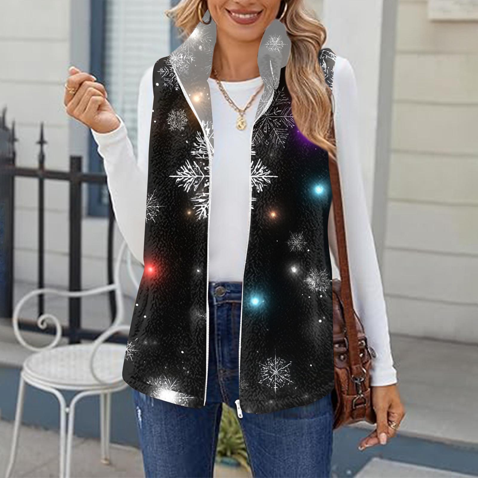 

Женский зимний модный и теплый флисовый кардиган-жилет с принтом снежинок L