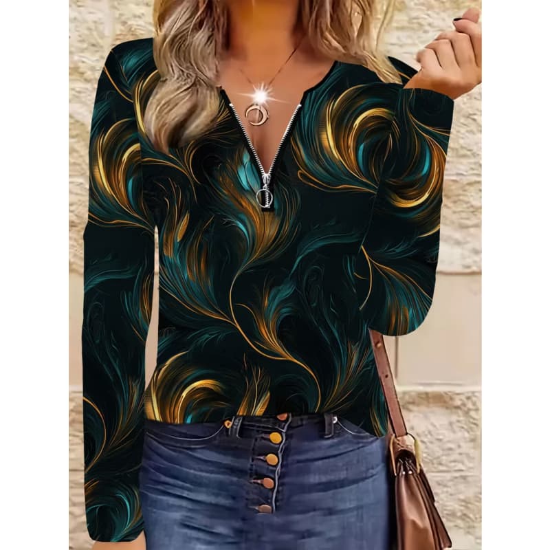 T-shirt da donna con stampa creativa, zip e maniche lunghe, traspirante, morbida e confortevole, adatta per l'abbigliamento casual tutto l'anno