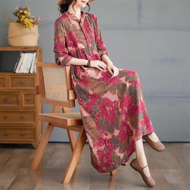 Printed Loose Belly Shading Mulle Lace Long Sleeve Hem Long Dresses