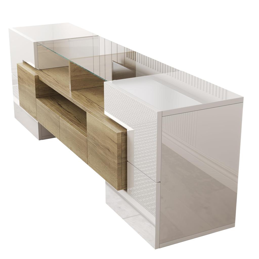 TV-Schrank, Hochglanz Lowboard mit mehrfarbiger LED-Beleuchtung, 6 Türen, 2 Schubladen