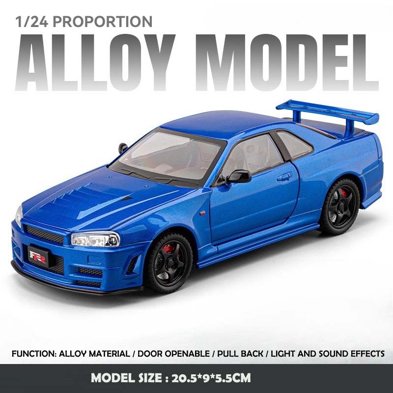 1/24 Skyline GTR R34 Static Diecast Car Sound Light Pull Back Detailed Rubber Tires Desktop Hobby Collectible Boys Gift