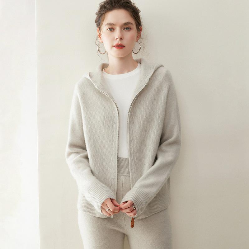Elegant Hooded Cashmere Knit Cardigan for Women - Cozy, Loose Fit, Thick Zipper Sweater Coat
