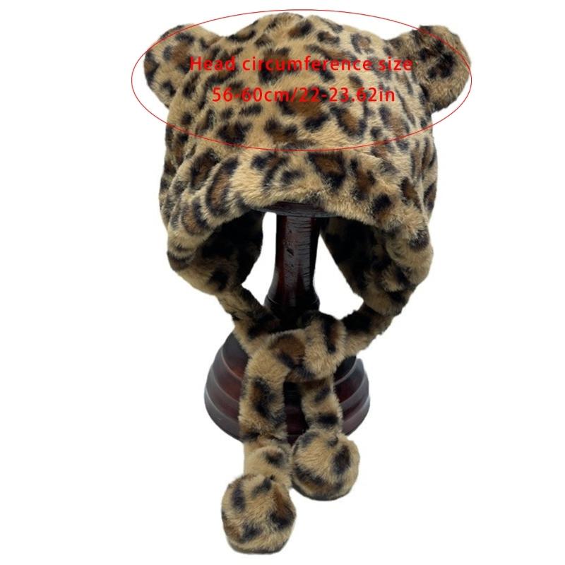 Modische Leopard Bärenohren Uschanka Mütze für verschiedene Kopfgrößen Winter Herbst Verdickte Pullover Beanie Mütze für Freizeit Reisen