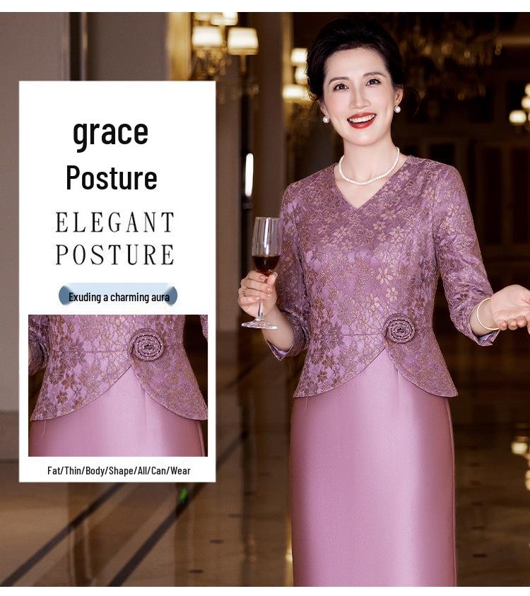 2025 Autumn Elegant V-neck Slimming Purple Lace Dress for Young Moms