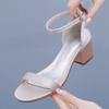 Summer Women Sandal Fashion Sandle Buckle Strap 5CM Square Heel Shallow Mouth Ivory White Silk Satin Fabric Bride Women Shoe