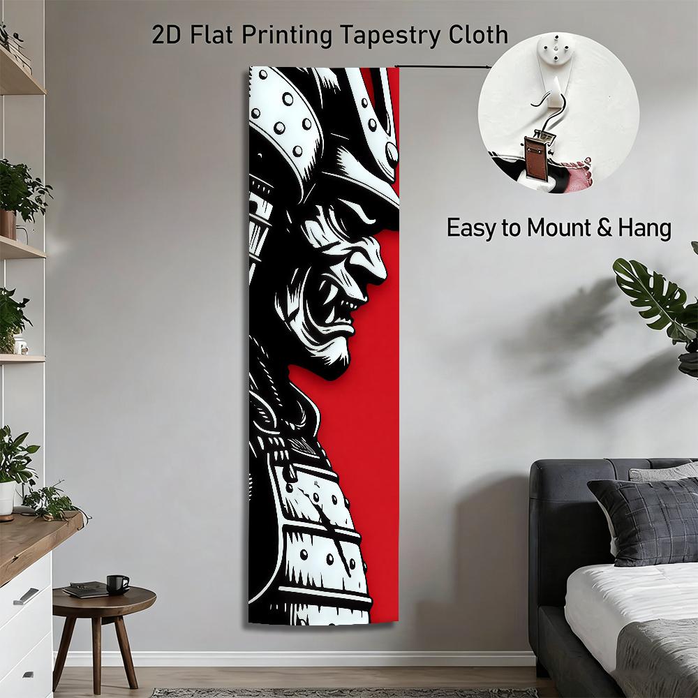 Japanese Samurai Warrior Tapestry, Black Red Vertical Wall Hanging, Gothic Room Decor