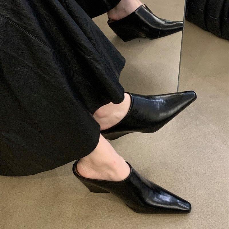 Fashion New Style Popular Baotou Half Women's Soft Leather Slope Heel High Cool Fashion Outwear Thick Lazy Muller Shoes Zapatos Mujer