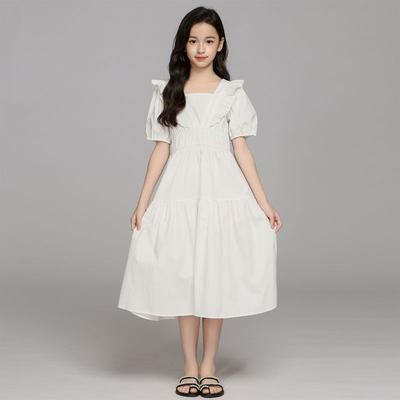Modisches taillierendes einfarbiges Kleid für Mädchen Sommer Kinder Elegantes minimalistisches Kleid