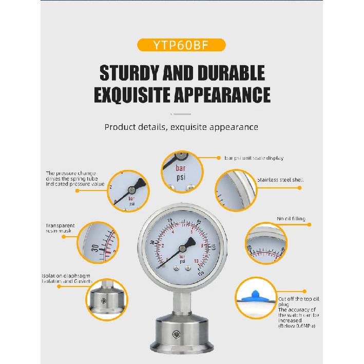 Diaphragm Pressure Gauge Stainless Steel Integrated Sanitary Vacuum Gauge 60mm 50.5 Connection-40-200°