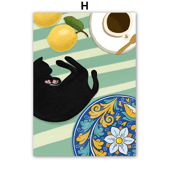 Boho Abstract Girl Vase Flower Black Cat Illustration Wall Art Canvas Painting Nordic Poster & Prints Pictures Living Room Decor