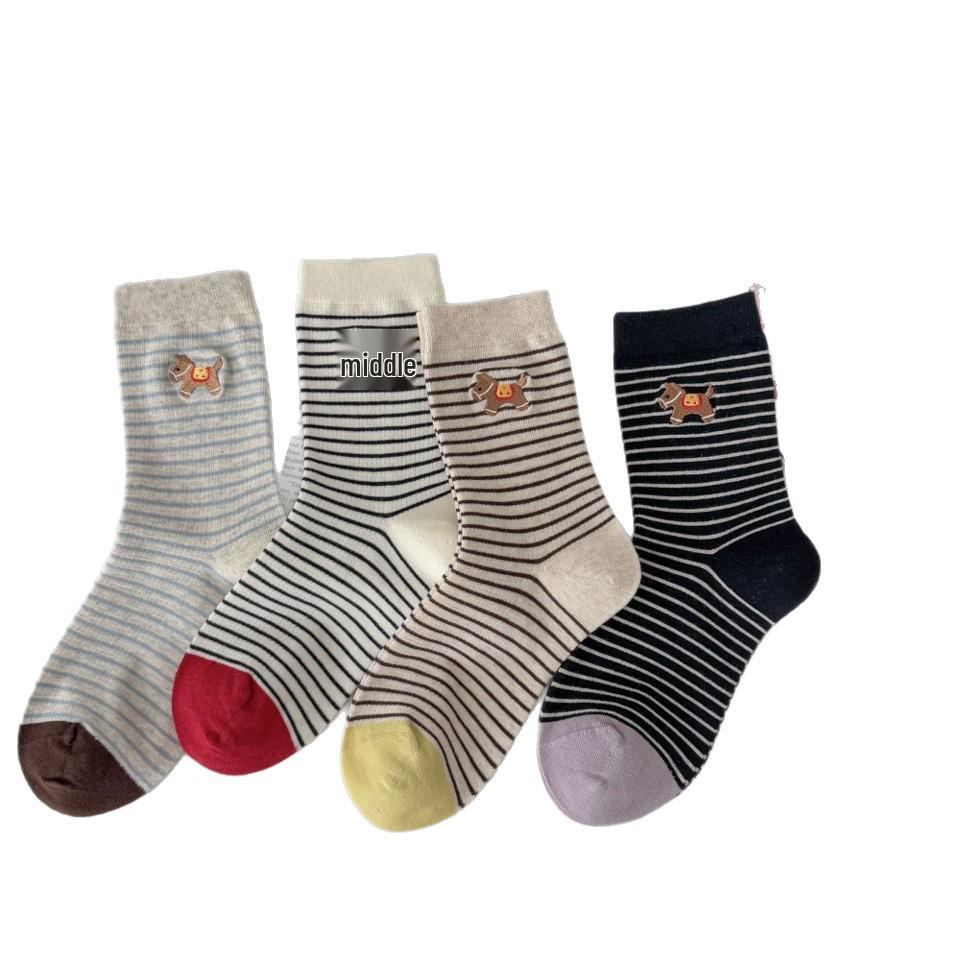 Striped Women's Mid-Calf Socks - Cute Cartoon Horse, Spring/Summer Pure Cotton, Trendy Japanese School Style.