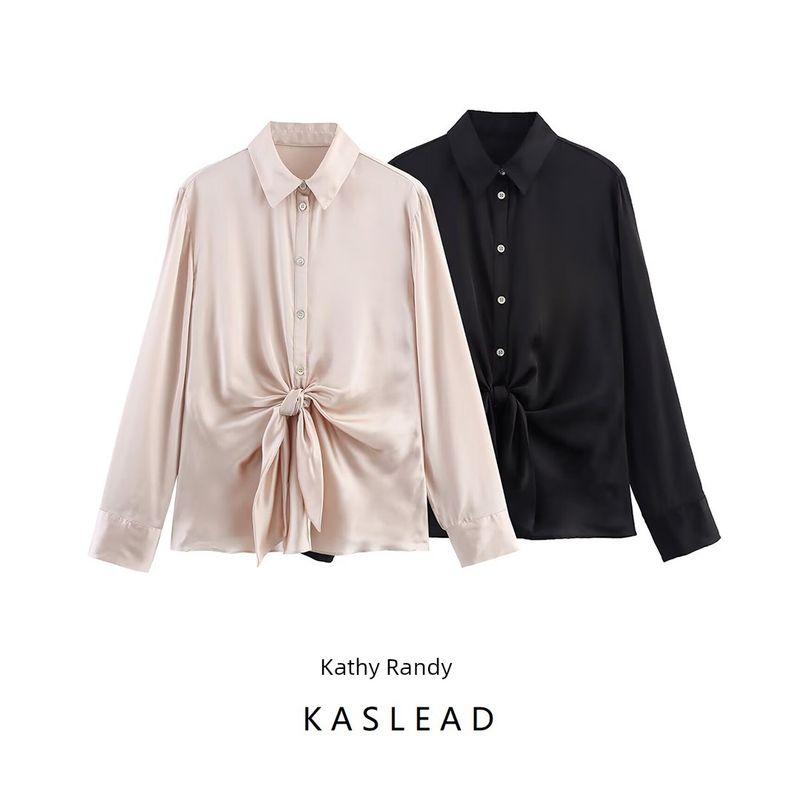 Kaslead New Women clothes Western Style Fashion Knot Silk Satin Texture Shirts 8653335