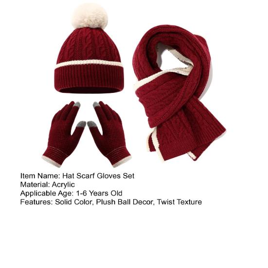 3-teiliges/Set Kinder Mütze Schal Handschuhe Set Einfarbig Zopfmuster Plüschkugel Dekor Mütze Langer Schal Handschuhe Set Elastische Winteraccessoires