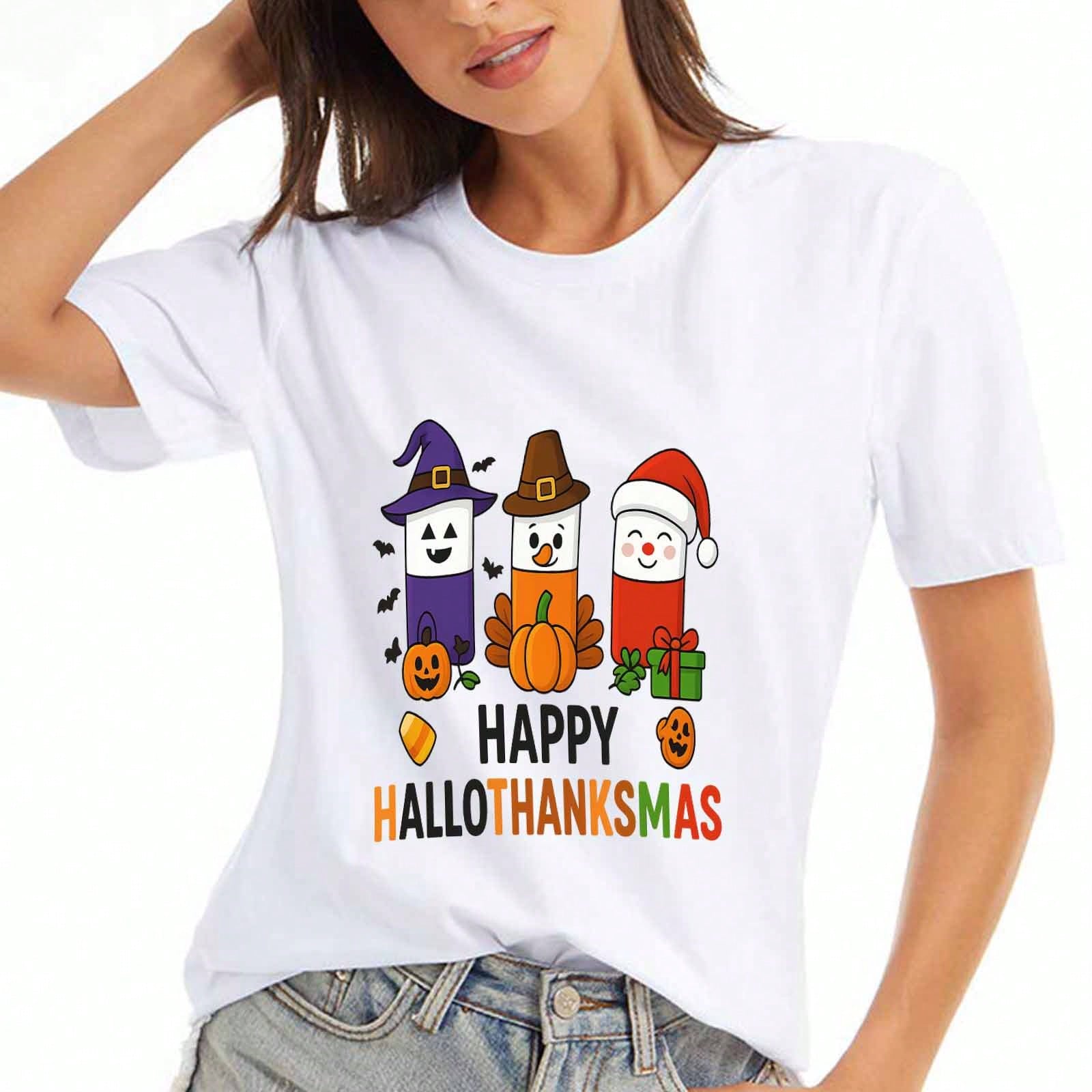 Hallowthanksmas Wounisex s Cotton T Shirt, Pure Cotton Premium Print, Durable, Casual Fashion. Happy Halloween Thanksgiving Christmas Festive Season G S разноцветный