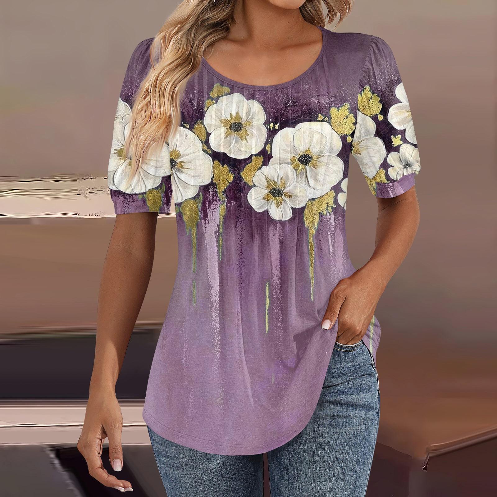 

Женские пышные туники с короткими рукавами, топы, плиссированные блузки с воротником, повседневные свободные весенне-летние футболки M фиолетовый