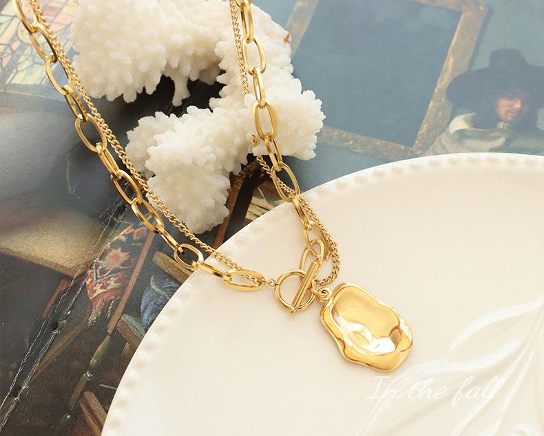 Gold Plated Titanium Steel Double Layer Irregular Pendant Necklace - European & American Hip Hop Style Clavicle Chain