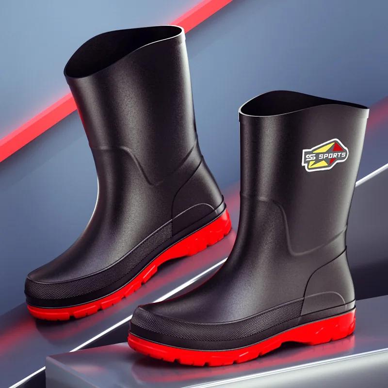 Men's Mid-Calf Rain Boots Pure Black Fishing Boots Slip-Resistant Large Size 39-48 Waterproof Rubber Shoes Eco-Friendly