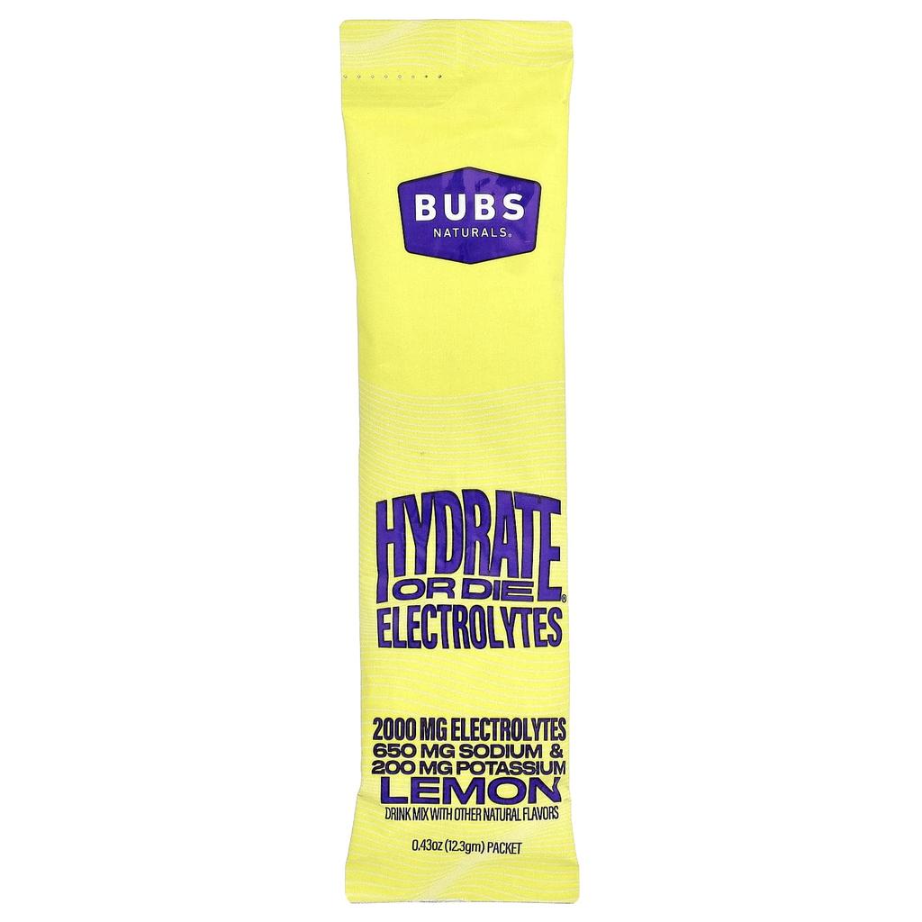BUBS Naturals, Hydrate or Die®, Electrolyte Drink Mix, Lemon, 20 Packets, 12.1 g (0.43 oz) Each
