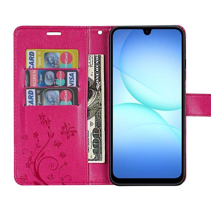 Protective Case - BOOLING - Samsung Galaxy A17 4G/5G - Fuchsia Flower Synthetic Leather - 2 Glass Protectors