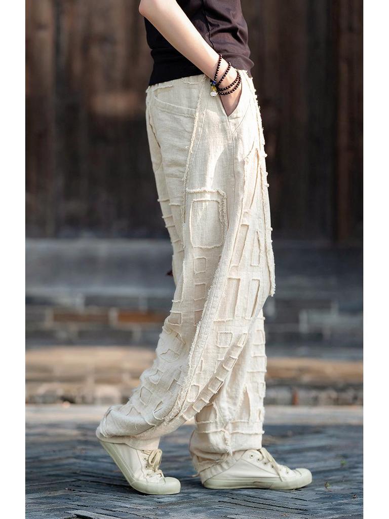 Unisex Boro-Style Linen Lantern Pants with Raw Edges for Meditation - Wide Leg & Autumn-Inspired Design