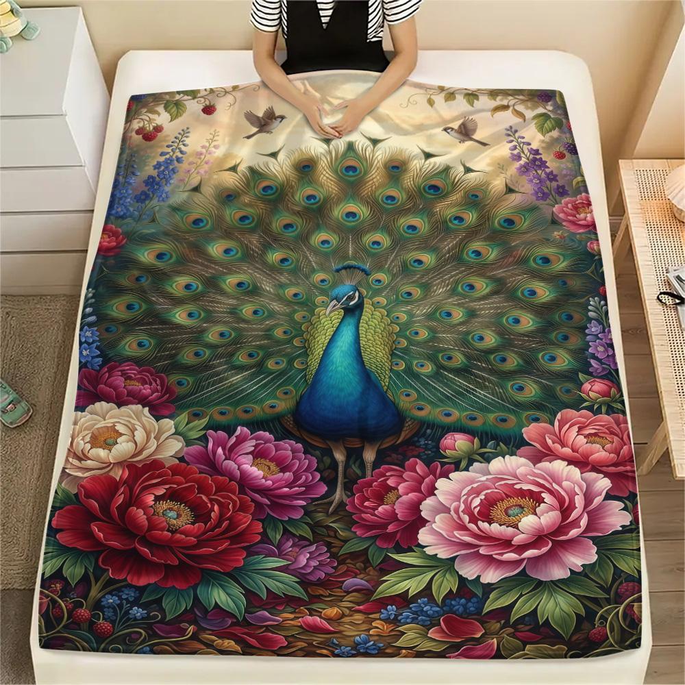 1PC Peacock and Peony Print FlAannel Blanket, High quality Comfortable for All Seasons, Home Decor, Warmth and Comfort