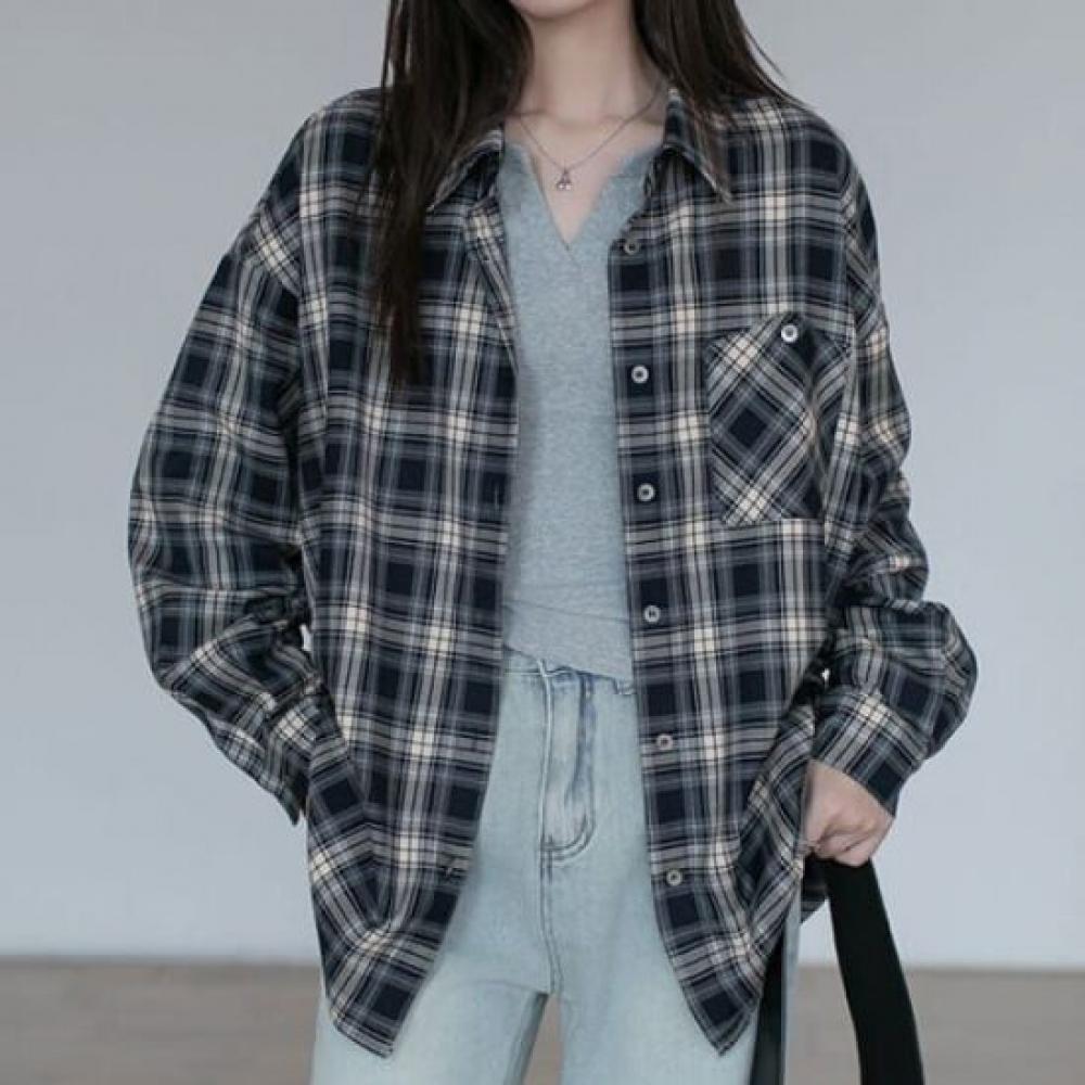 Navava Men Vintage Retro Check Long Sleeve Shirt Nb2972