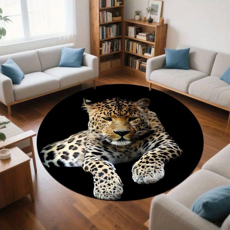 Black background with leopard Flannel-printed round floor mats are slip-resistant Suitable living room terrace garden carpets