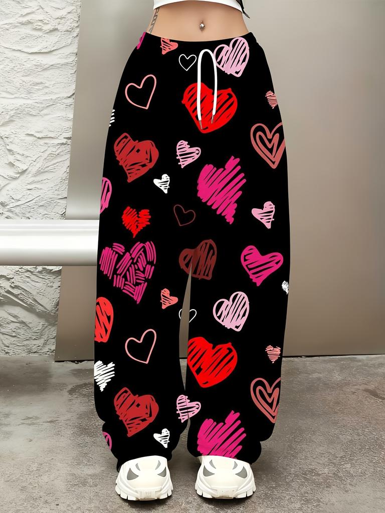 Women's Valentine's Day Love Pattern Fun Printed Wide Leg Pants | Fashion Casual Commuter Trend Versatile