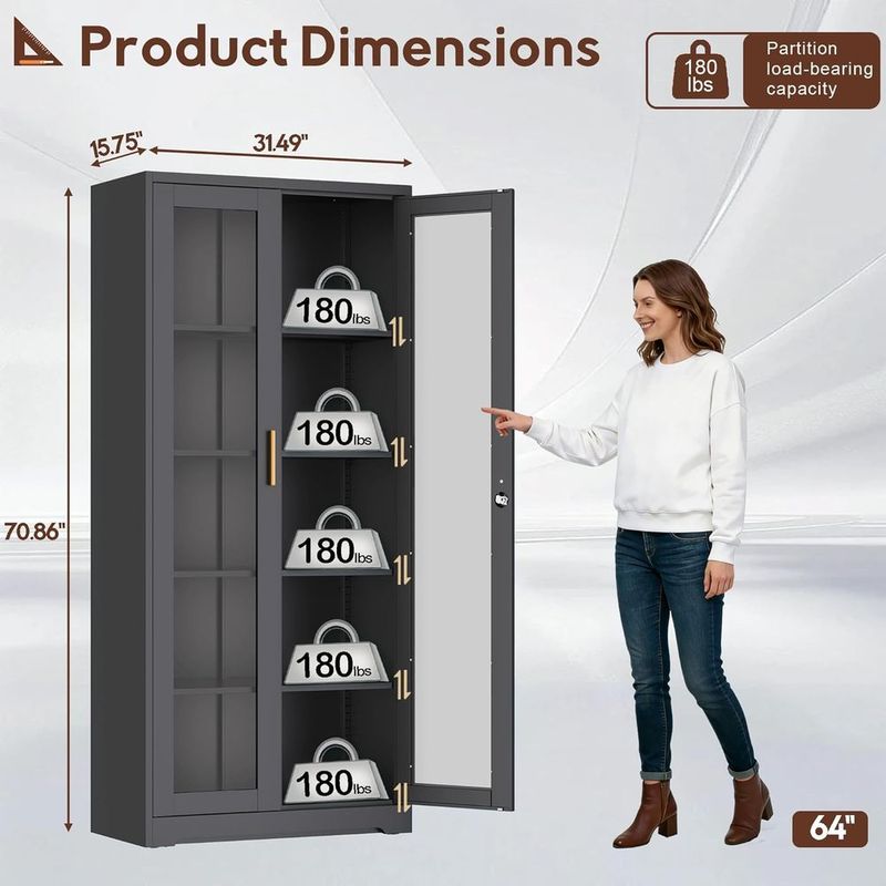 Black Glass-Door Lockable Display Cabinet with 4 Adjustable Shelves, Ideal for Liquor, Books, and Living Room Storage