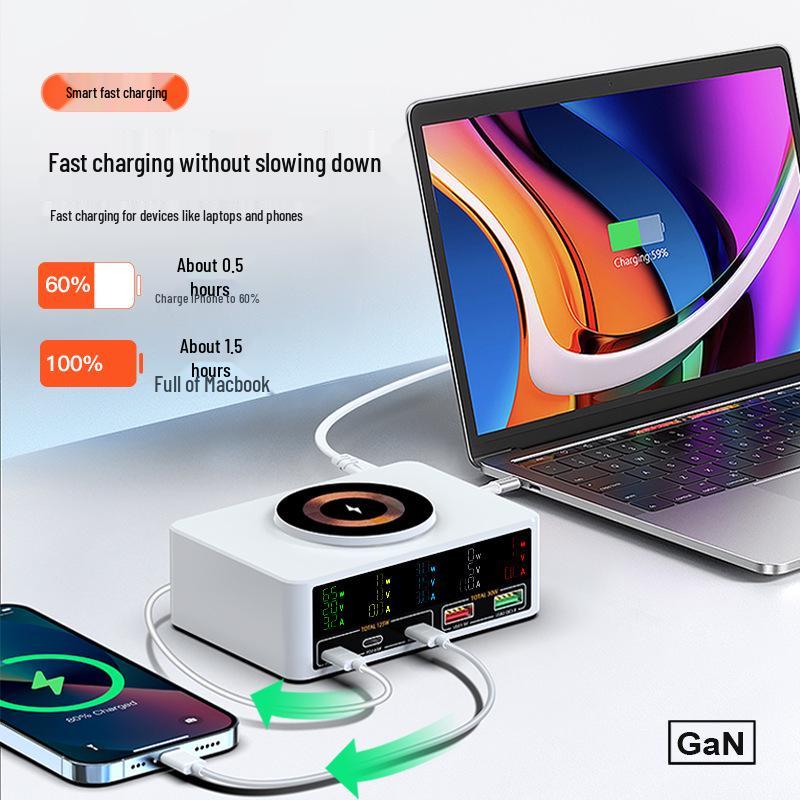140W Multi-Port Charger with 100W PD Fast Charging, Digital Display, and Magnetic Wireless Charging Dock