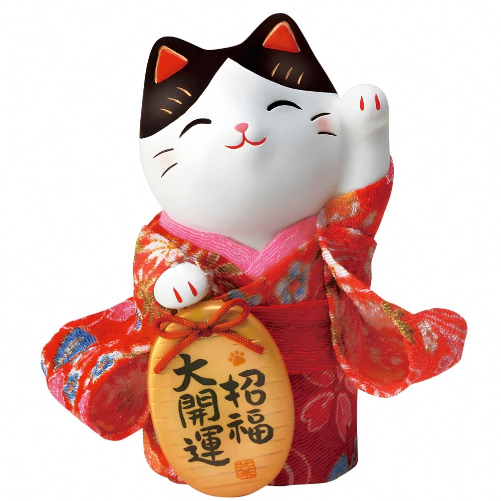 Yakushigama Maneki-neko (Lucky Cat) Large, Nishiki-iro Chirimen Oval (with Lucky Charm Sticker)