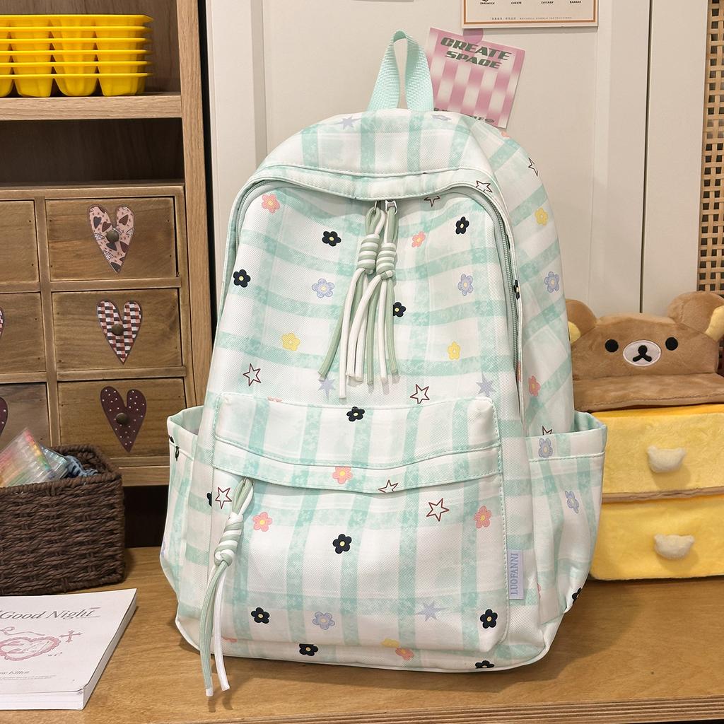 Schoolbag Campus Style Plaid Sweet Backpack Female Large Capacity Foreign Style Small Flower Korean Student School Bag Fresh Versatile Backpack