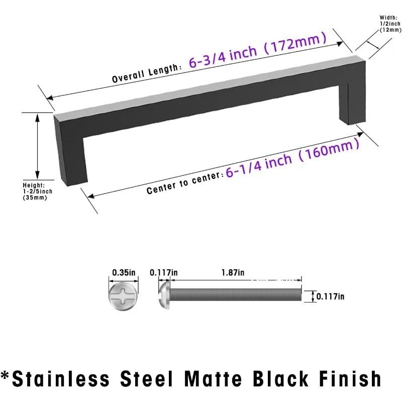 2pcs Matte Black Cabinet Pulls Stainless Steel Kitchen Cabinet Handles - Square Dresser Handles Drawer Pulls