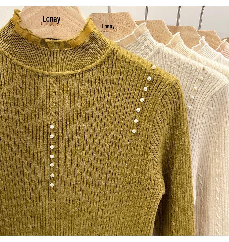 Lace Turtleneck Pearl Sweater: Long Sleeve Petite Knitwear for Autumn/Winter Women