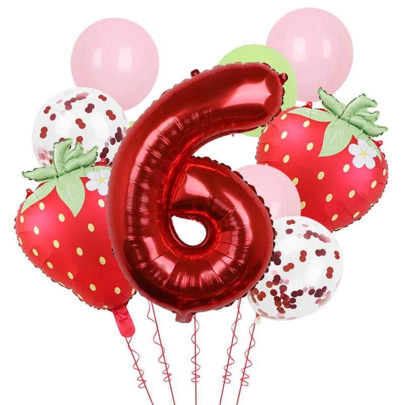 11Pcs 32inch Red 1-9 Years Old Digital Aluminum Film Strawberry Red Polka Dot Balloons Set Birthday Party Baby Shower Supplies