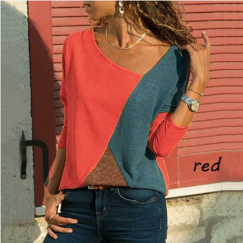 

New Contrasting Color Round Neck Long Sleeve Casual T-shirt Ladies Top S зелений